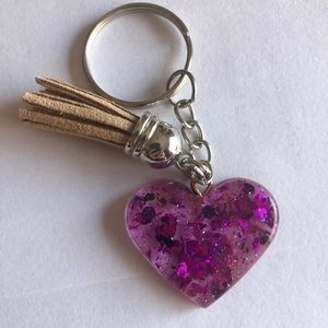 Handmade Resin Purple Glitter & Foil Heart Key Chain or Dog Tag